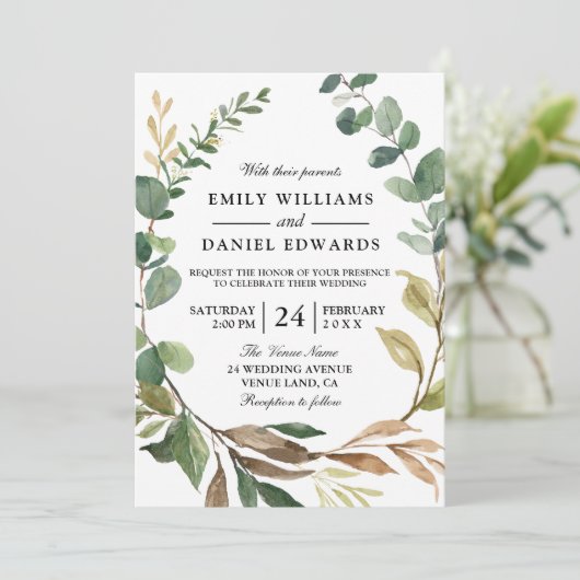 Autumn Green Blätter Wreath Hochzeit im Herbst Einladung (Stehend Vorderseite)