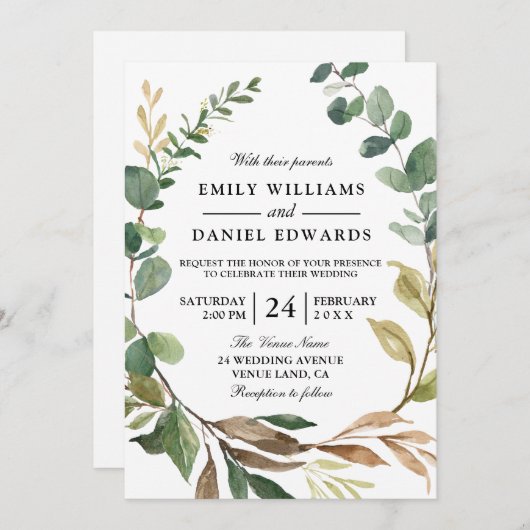 Autumn Green Blätter Wreath Hochzeit im Herbst Einladung (Vorne/Hinten)