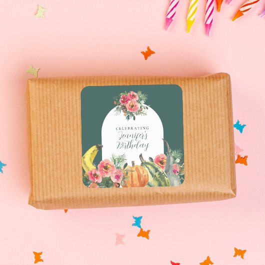 Autumn Green Pumpkins Pink Floral Birthday Party Quadratischer Aufkleber