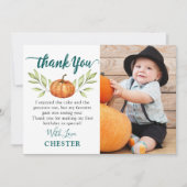 Autumn Greenery Little Pumpkin Fall Birthday Foto Dankeskarte (Vorderseite)