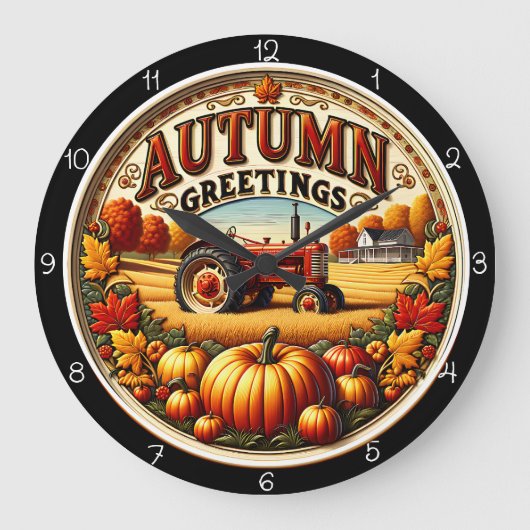Autumn Greetings Tractor Pumpkin Farm Große Wanduhr (Vorderseite)