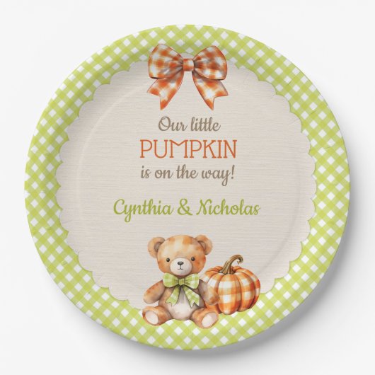 Autumn Kariert Teddy Bar Pumpkin Pappteller (Vorderseite)