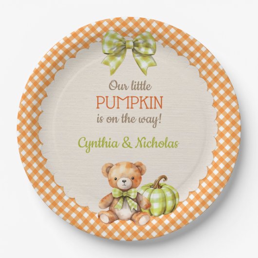 Autumn Kariert Teddy Bar Pumpkin Pappteller (Vorderseite)