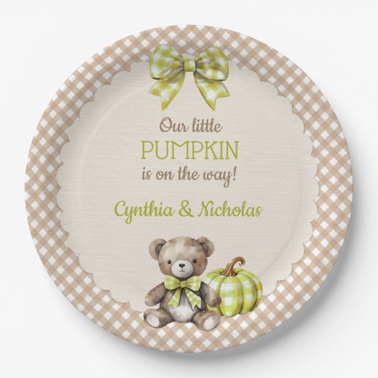 Autumn Kariert Teddy Bar Pumpkin Pappteller (Vorderseite)