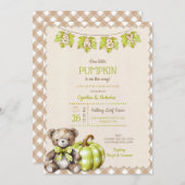 Autumn Kariert Teddy Bären Pumpkin Blätter Einladung (Vorne/Hinten)