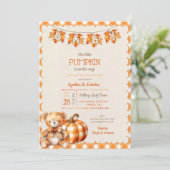 Autumn Kariert Teddy Bären Pumpkin Blätter Einladung (Stehend Vorderseite)