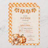 Autumn Kariert Teddy Bären Pumpkin Blätter Einladung (Vorne/Hinten)