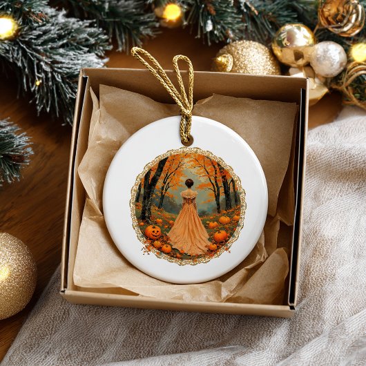 Autumn Lady in Pumpkin Forest Doily Keramik Ornament