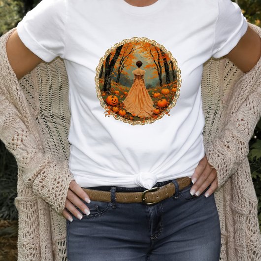 Autumn Lady in Pumpkin Forest Doily T-Shirt