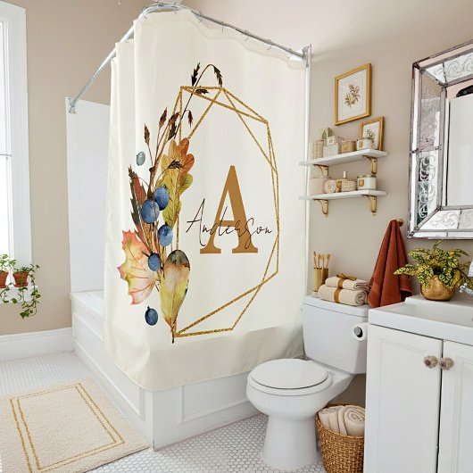 Autumn leaves and gold frame personalized  duschvorhang