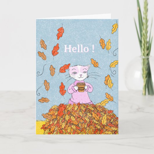 Autumn Leaves and Graceful Cat Blank Greeting Card Karte (Vorderseite)