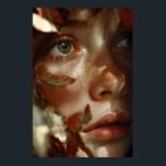 Autumn Leaves Crown Freckled Portrait Poster<br><div class="desc">A young woman with luminous freckled skin gazes upward in soft wonder, her face gently framed by a crown of warm amber, rust, and burnt-orange autumn leaves. Golden-hour light caresses every detail—subtle veins in the foliage, delicate freckles across her cheeks, and the natural sheen on her full lips—while creamy bokeh...</div>