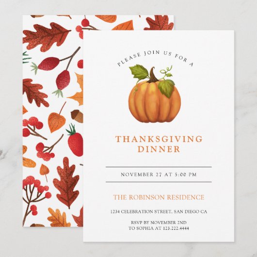 Autumn Leaves Pumpkin Erntedank Dinner Einladung (Vorne/Hinten)