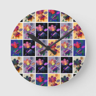 Autumn Leaves Rustic Patchwork Quilt Collage Runde Wanduhr
