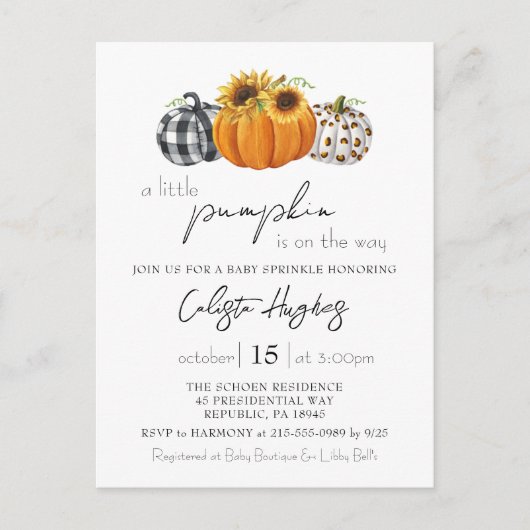 Autumn Little Pumpkin Sunflower Baby Sprinkle Postkarte (Vorderseite)