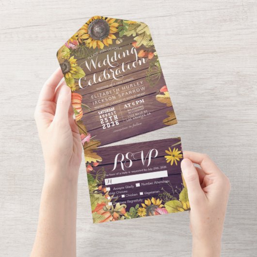 Autumn Maple Leaf Pumpkin Rustic Wood Wedding RSVP All In One Einladung (Abreißen)