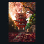 Autumn Maple Pagoda Temple Staircase Glow Fotodruck<br><div class="desc">A classic red pagoda temple stands at the top of a stone staircase enveloped by a breathtaking canopy of crimson, orange, and golden maple leaves in full autumn glory. Sunlight streams through the branches, casting warm rays across scattered foliage on the steps and illuminating the temple's graceful tiers and green-tiled...</div>