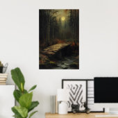 Autumn Moonlit Forest Bridge Rustic Woodland Art Poster (Heimbüro)