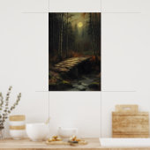 Autumn Moonlit Forest Bridge Rustic Woodland Art Poster (Küche)