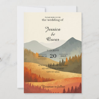 Autumn Mountain Watercolor Wedding Invitation Einladung