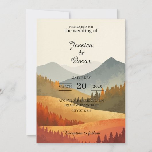 Autumn Mountain Watercolor Wedding Invitation Einladung (Vorderseite)