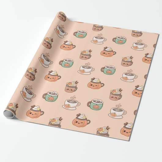 Autumn Mugs & Pumpkin Pie Kawaii Wrap Geschenkpapier (Ungerollt)