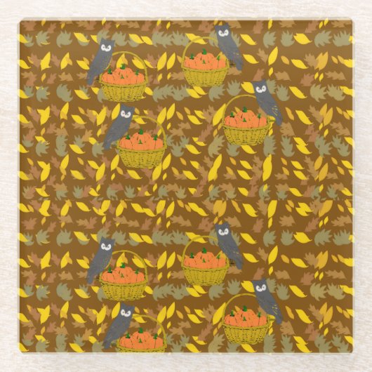 Autumn Owl Pumpkin Pattern Glass Coaster Glasuntersetzer (Vorderseite)