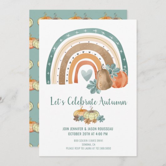 Autumn Party Watercolor Rainbow Pumpkins Einladung (Vorne/Hinten)