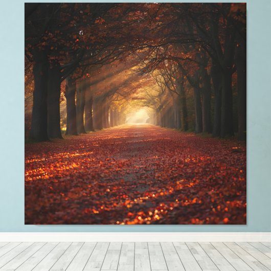 Autumn Pathway – Serene Tree Tunnel Art Print Leinwanddruck (Insitu (Holzboden))