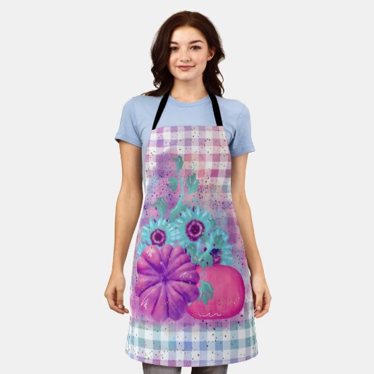 AUTUMN PINK PUMPKINS AQUA BLUME GINGHAM KARIERT SCHÜRZE (Getragen)