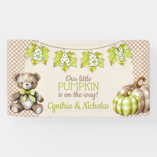 Autumn Plaid Teddy Bear Pumpkin Leaves Banner (Horizontal)