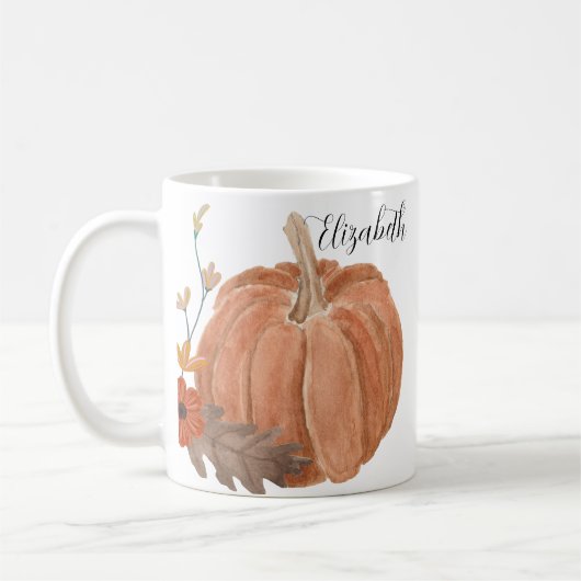Autumn Pumpkin Blätter Floral Personalisiert Name  Kaffeetasse (Links)