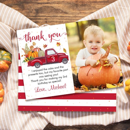 Autumn Pumpkin Blätter Red Truck Birthday Foto Dankeskarte