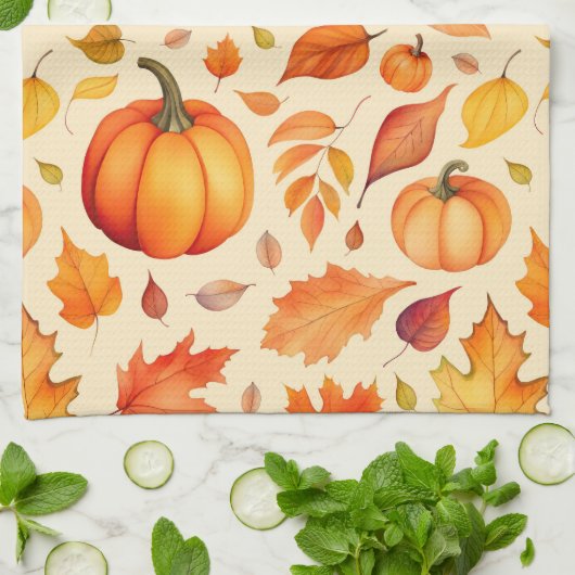 Autumn Pumpkin Blätter Watercolor Geschirrtuch (Gefaltet)