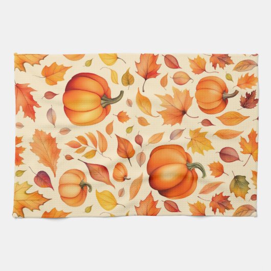 Autumn Pumpkin Blätter Watercolor Geschirrtuch (Horizontal)