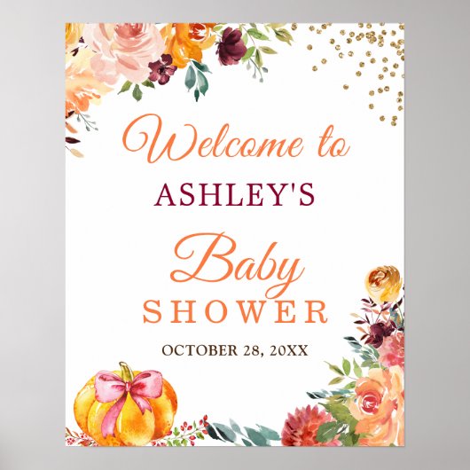 Autumn Pumpkin Floral Fall Babydusche Zeichen Poster (Vorne)
