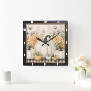 Autumn Pumpkin Floral Harvest Quadratische Wanduhr