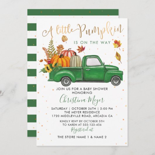 Autumn Pumpkin Green Truck Herbstdusche Einladung (Vorne/Hinten)