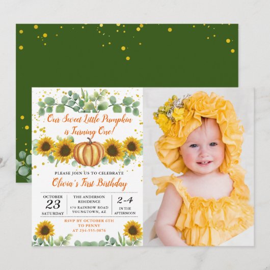 Autumn Pumpkin Greenery Sunflowers Birthday Foto Einladung (Vorne/Hinten)