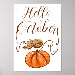Autumn Pumpkin Hello October Poster