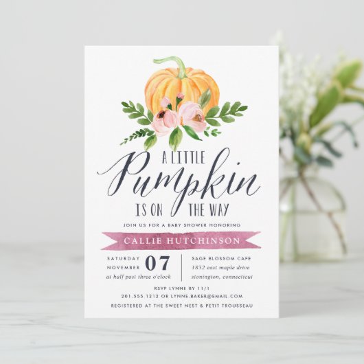 Autumn Pumpkin Pink Floral Baby Dusche Einladung (Stehend Vorderseite)