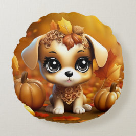 Autumn Pumpkin Puppy Rundes Kissen