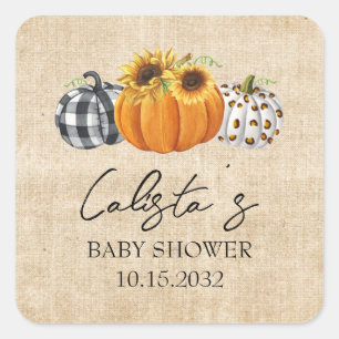 Autumn Pumpkin Sunflower Burlap Baby Shower Favori Quadratischer Aufkleber