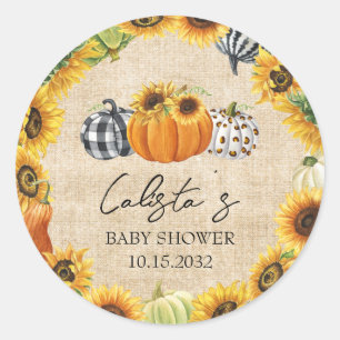 Autumn Pumpkin Sunflower Burlap Baby Shower Favori Runder Aufkleber