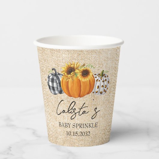 Autumn Pumpkin Sunflower Burlap Baby Sprinkle Pappbecher (Vorderseite)
