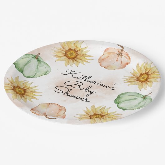 Autumn Pumpkin Sunflowers Baby Dusche Pappteller (Schrägansicht)