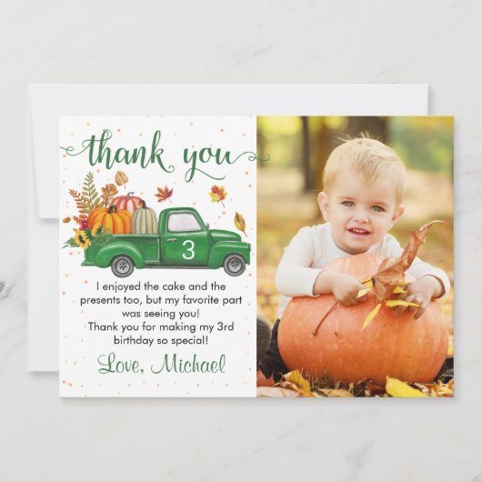 Autumn Pumpkin Verlasse Green Truck Birthday Foto Dankeskarte (Vorderseite)