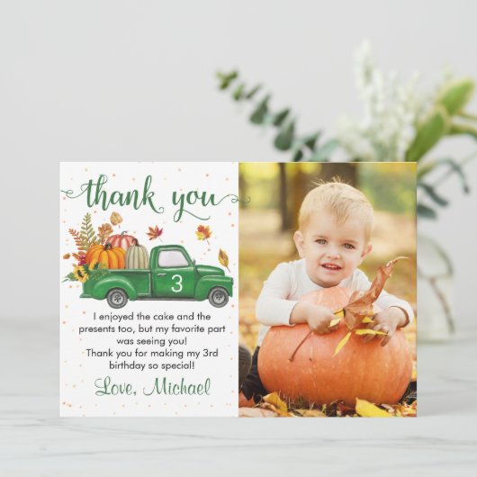 Autumn Pumpkin Verlasse Green Truck Birthday Foto Dankeskarte (Stehend Vorderseite)
