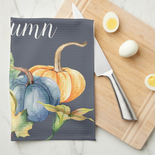 Autumn Pumpkin Watercolor Navy Blue Geschirrtuch (Viertel Falte)