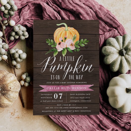 Autumn Pumpkin Wood & Pink Floral Baby Dusche Einladung